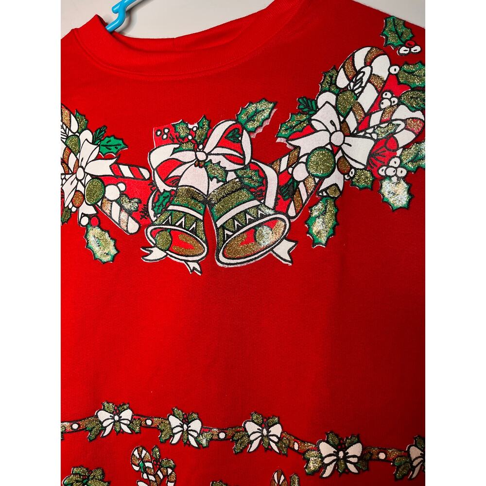 NWT 1980s Michel Nicole Puffy Christmas Glitter‎ Candy Cane Bells Sweatshirt L - Picture 4 of 6